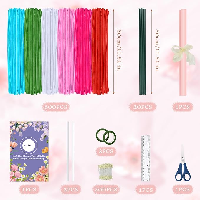 FACIACC 600PCS Pipe Cleaners Craft, 6 Assorted Colors Chenille Stems for DIY Bouquet Christmas Gift Party Decor (Red)