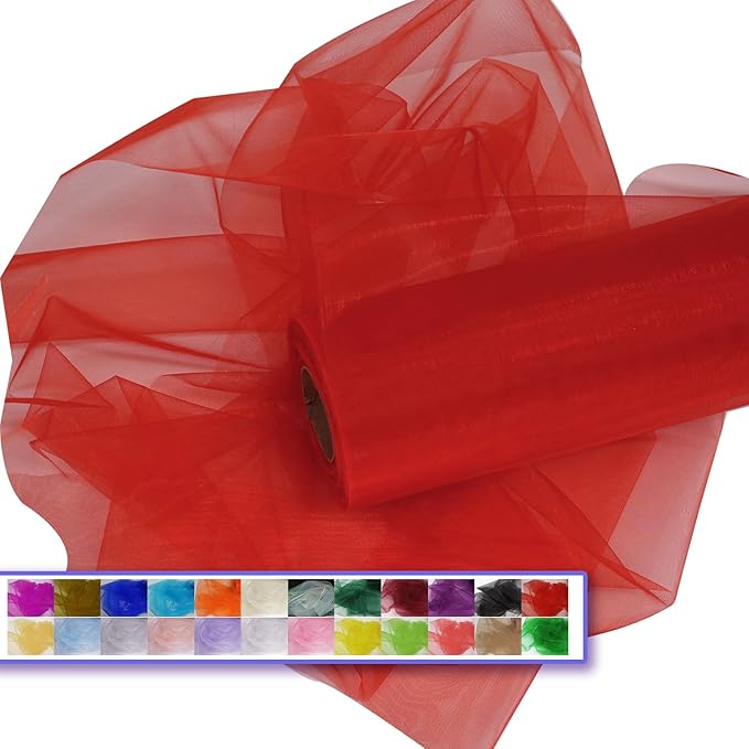 Red Organza Tulle Fabric Rolls, Crystal Organza 12" by 50 Yards (150 ft) Sheer Nylon Silky Shiny Netting Spool Bolt for DIY Craft Table Runner Wedding Baby Shower Party Decor (Red)
