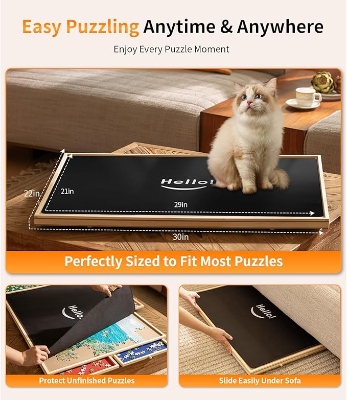 1000 Piece Rotating Puzzle Board Pro, 29" x 21" with 6 Drawers, Rubber Cover Mat, 360° Lasy Susan, Sort-Wise Colorful Felt Drawers & 4 Trays, Wooden Jigsaw Puzzle Table, Birthday Gifts for Mom