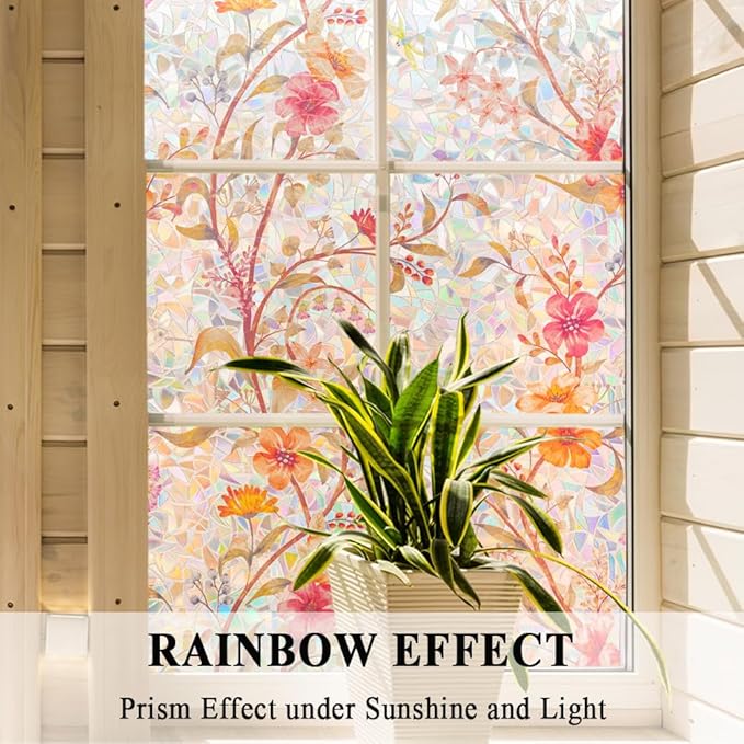 Stained Glass Window Film Static Cling Door Privacy Film Decorative Flowers Red Leaves Window Decals Stickers Heat Control Anti UV for Home and Office,17.5 inches by 157 inches