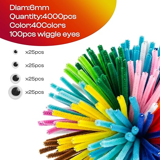 Caydo 4000 Pieces Pipe Cleaners 40 Assorted Colored Chenille Stems for Art and Crafts, Pipe Cleaner Crafts for DIY Art and Craft Projects Creative Gift Party Decorations
