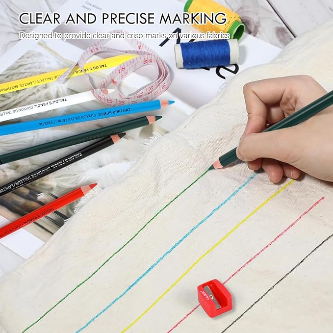 12 PCS Tailors Pencil Set, Sewing Fabric Pencils and Fabric Marker Pens for Quilting, Sewing, Dressmaking Supplies, Water-Soluble, 6 Colors, Includes 2 Sharpeners