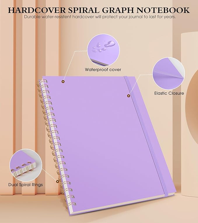 Graph Paper Notebook, Spiral Notebook Journal 8.5” x 11”, A4 Large Grid Notebooks for Women Men, 100 GSM Graph Paper, Plastic Hardcover Spiral Graphing Journals for Work School Engineerin, Purple