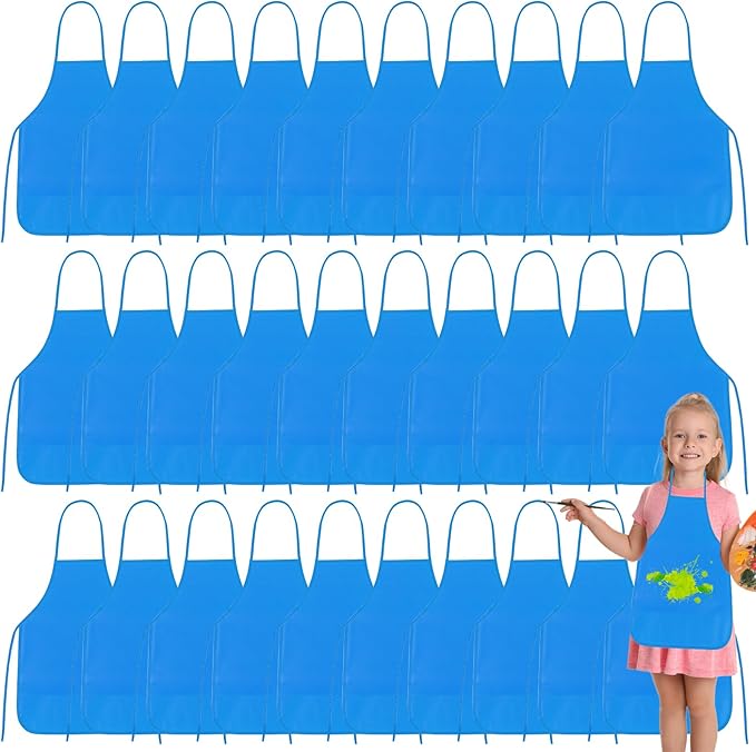 PLULON 15 Pcs Kids Apron Painting Aprons, Kids Aprons for Painting Blue Art Apron Smocks Bulk for Art Activity Craft Home Kitchen Classroom Party Supplies