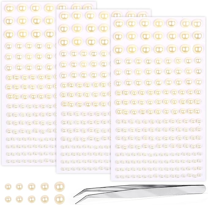 Self Adhesive Face Gems and Pearls for Makeup, Festival Jewels, Hair Gems Pearls, 3/4/5/6/8 mm Round Rhinestone Stickers for Face, Eye, Makeup, Body, Crafts 591Pcs (03_Beige Pearl)