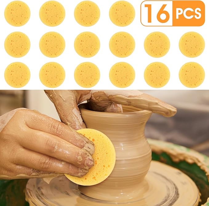 16 PCS Round Kitchen Cleaning Sponge Pottery Sponges Ymapinc 2.75 Inch Yellow Elasticity Pottery Sponges for Artist Paint Kitchen Shoes Leather Care Painting Face Art Crafts Household