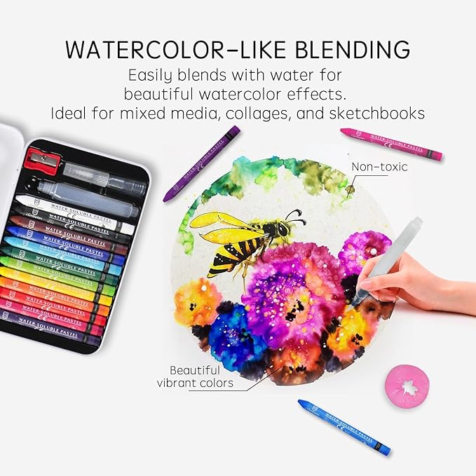 12 Colors Water Soluble Pastels, Watercolor Pastels Set for Beginners and Hobbyists, Includes Sharpener, Palette & Brush for Vibrant Art Creations (Classic)
