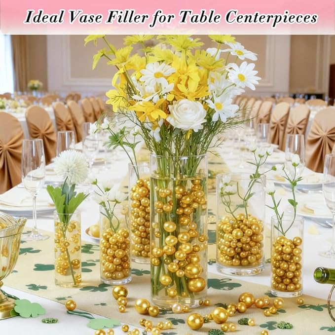 Pearl Beads No Hole Pearls for Crafting 180 Pcs Fake Pearls Bulk Faux Pearls for DIY Crafts Jewelry Making Vase Filler Floating Candle Wedding Birthday Party Home Decorations (Gold, 8/10/14/20mm)