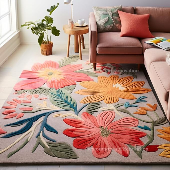 Handmade Wool Floral Area Rug for Living Room | Elegant Flower Garden Design, Soft, Thick and Durable | Bedroom, Dining Room & Home Decor Carpet (7' Round, Floral A)