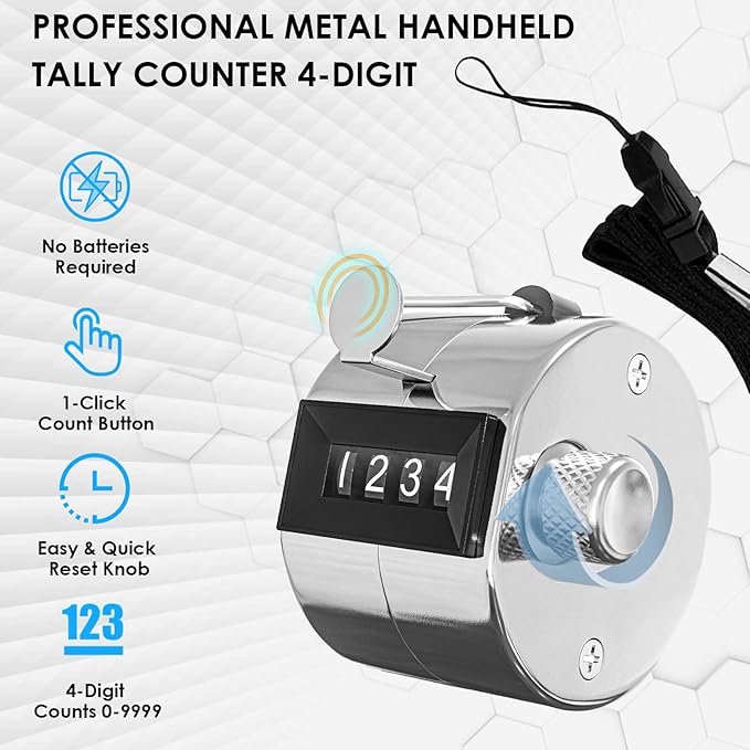 KTRIO Metal Handheld Tally Counter, 4-Digit Number Clicker Counter, Hand Mechanical Pitch Counters for Coaching, Knitting, People, Lap, Fishing, Golf and Row