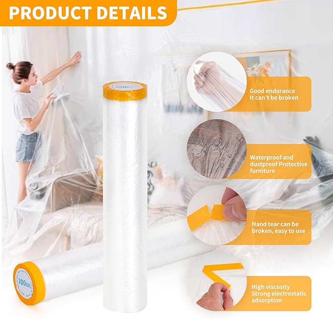 Pre-Taped Masking Film 2 Pack Each 10 x 65 feet Rolls, Tape and Drape, Painters Plastic Sheeting Drop Cloth for Automotive Painting Covering, House Decoration Furniture Floor Dustproof Cover