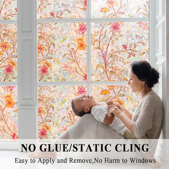Stained Glass Window Film Static Cling Door Privacy Film Decorative Flowers Red Leaves Window Decals Stickers Heat Control Anti UV for Home and Office,35 inches by 157 inches