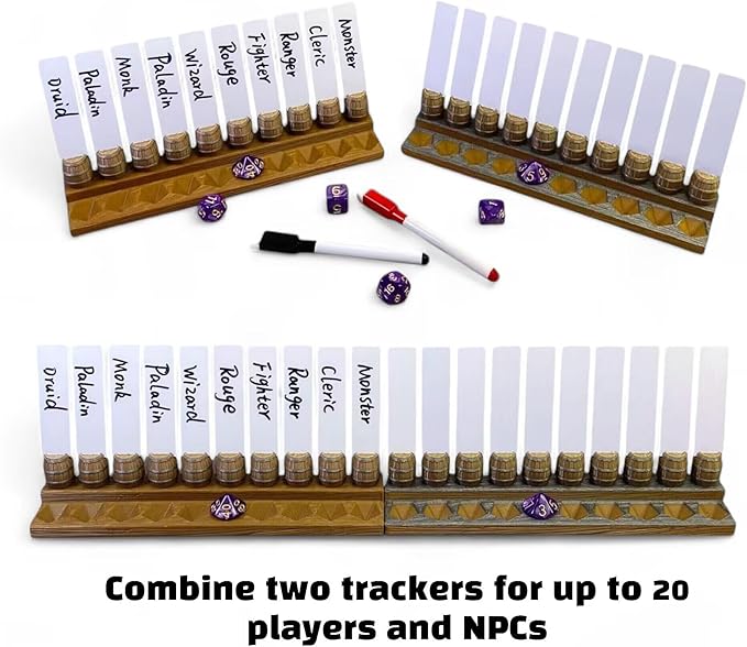 Initiative Tracker with 10 Barrel Slots, Erasable Name Tags, and Dice for Tracking Order. Ideal for DND and Other TTRPGs Brown with Silver