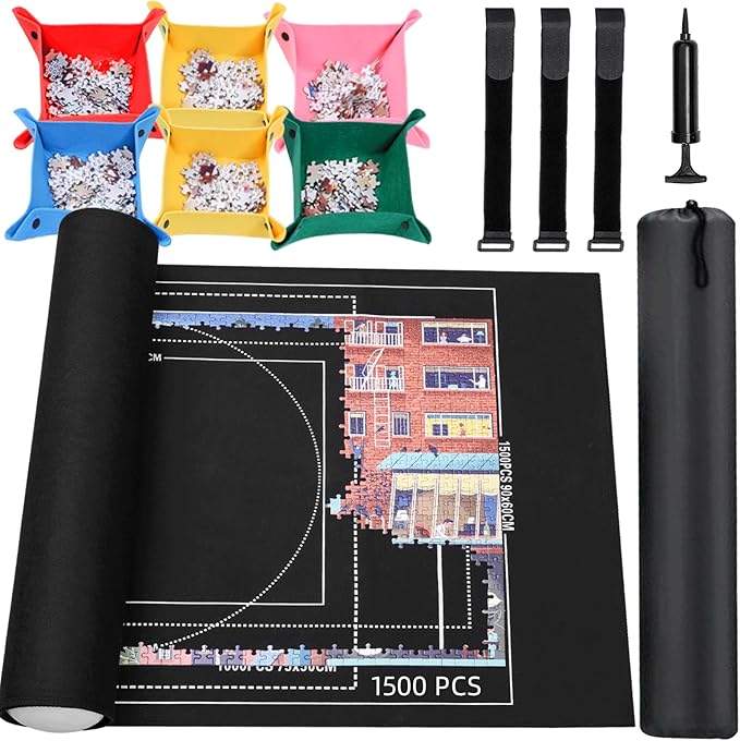 Jigsaw Puzzle Mat Roll Up - 1500 1000 500 Pieces Puzzel Matte, Black Roll-Up Puzzles Mats Felt Save Trays for Sorting Table Board Clear Sheets, Frame Keeper Storage Accessories for Adults