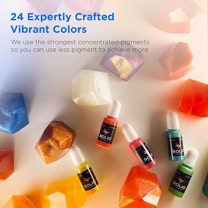 Rolio Pigments Resin Liquid Pigment Pearlescent Colors - 24 Vibrant Colors for Epoxy Resin, Jewelry Making, Crafts Decorations, Garment Accessories, Painting, DIY Art - 0.33 oz/10 ml Each