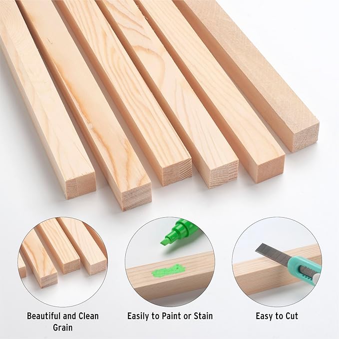 Square Wooden Dowel Rods, 6 PCS 3/4" x 12" Square Wood Dowel Rods Wooden Sticks for Crafts, Unfinished Hardwood Sticks Wood Strips for Woodworking, Crafting, Arts and DIYers, Home Decor, Model Making
