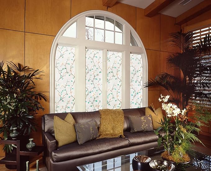 VSUDO Static Cling Decorative Window Privacy Film – Frosted Privacy Window Film with Jasmine Floral & Stained Glass Design, Adhesive-Free Tint for Home, Bathroom & Office (29.5" x 157.5")