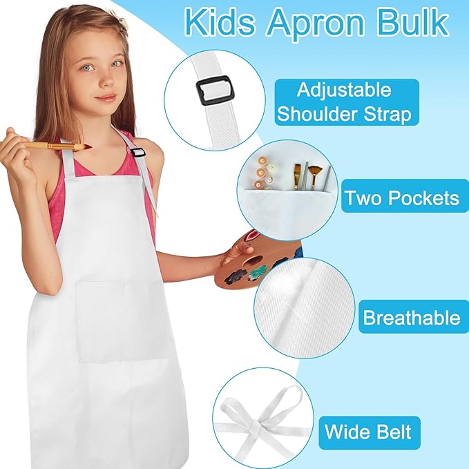 6 Pack Kids Apron bulk with 2 Pockets Adjustable Chef Art Apron Kids Painting Aprons for Cooking Baking Painting Crafting Grilling Activity（White）