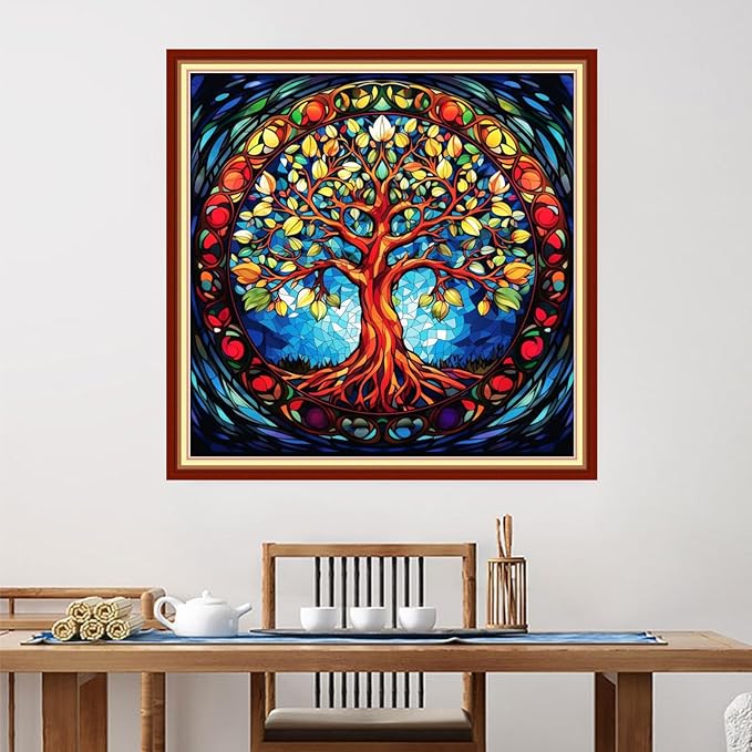 Foxdiviy Stamped Cross Stitch Kits for Beginners Full Range of Cross Stitching 11 CT Printed Cross Stitch Kits for Kids Adults Cross Stitch Patterns Needlepoint Kits-Magic Tree 18x18 inch