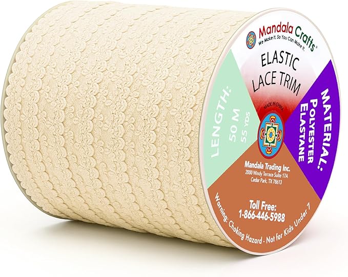 Mandala Crafts Cream Stretch Lace Soft Elastic Trim Roll - 55 Yards 1 Inch Wide Stretchy Frilly Picot Ribbon for Sewing Lingerie, Headbands, Underwear, and Crafts