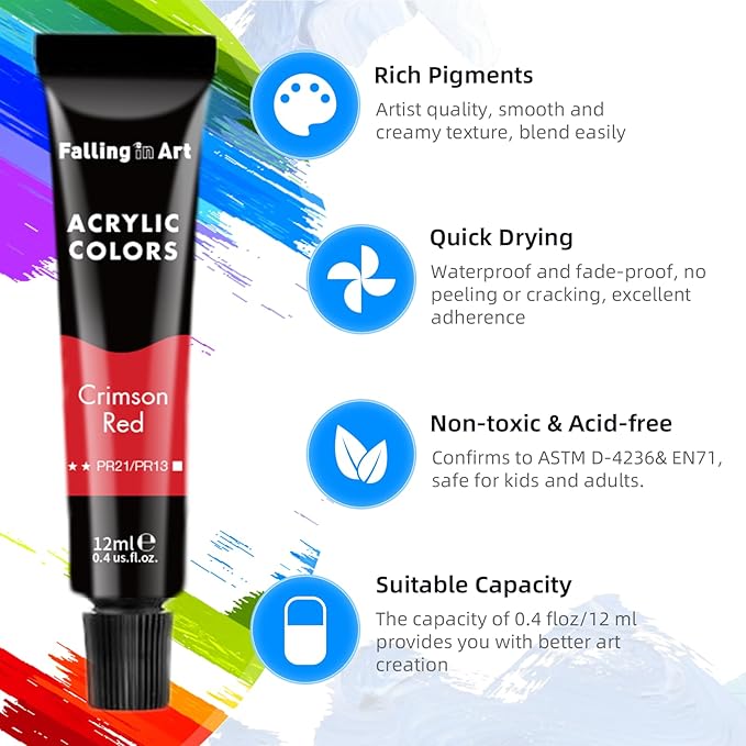 Falling in Art Acrylic Paint Set, 12 Tubes Non-Toxic Rich Pigments Colors with 6 Paintbrushes, Ideal for Painting on Canvas, Wood, Fabric, Craft Paint Set for Beginners and Artists