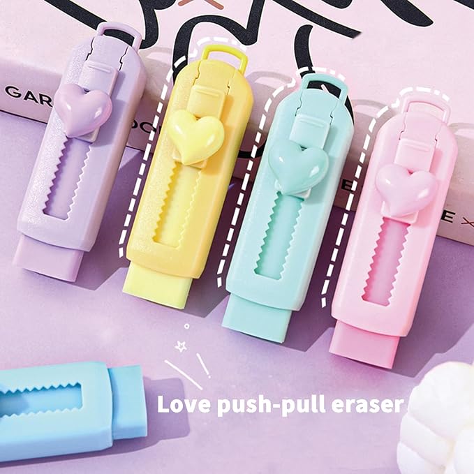 5 Pack Sliding Retractable Pencil Eraser with Plastic Sleeve, Large White Erasers for School Office, Art Erasers for Drawing