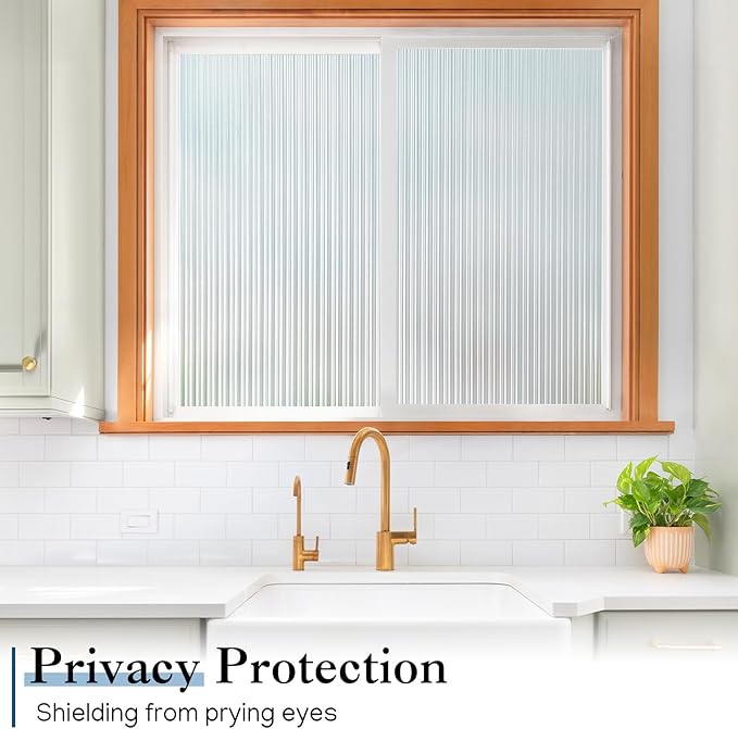 Haton Reeded Glass Window Privacy Film, Frosted Glass Window Film, Static Cling UV Blocking Stickers, Decorative Removable Cover for Bathroom Door Office, Non Adhesive 17.5" x 157.4"