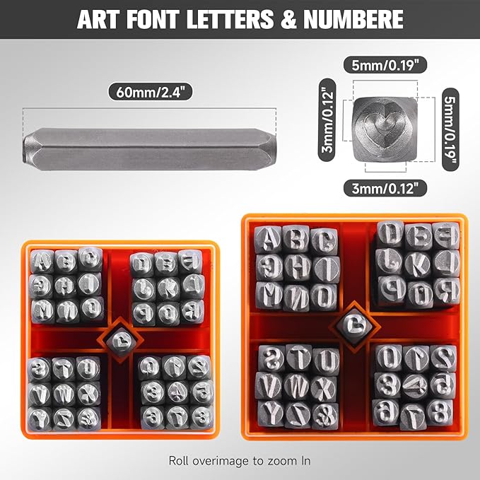 YKLP 37 Pcs Number and Letter Stamp Set,1/8” (3mm) (A-Z & 0-9 + Heart) Metal Letter Stamps DIY Arts & Crafts Leather Stamps, Leather, Wood for Jewelry Stamping kit