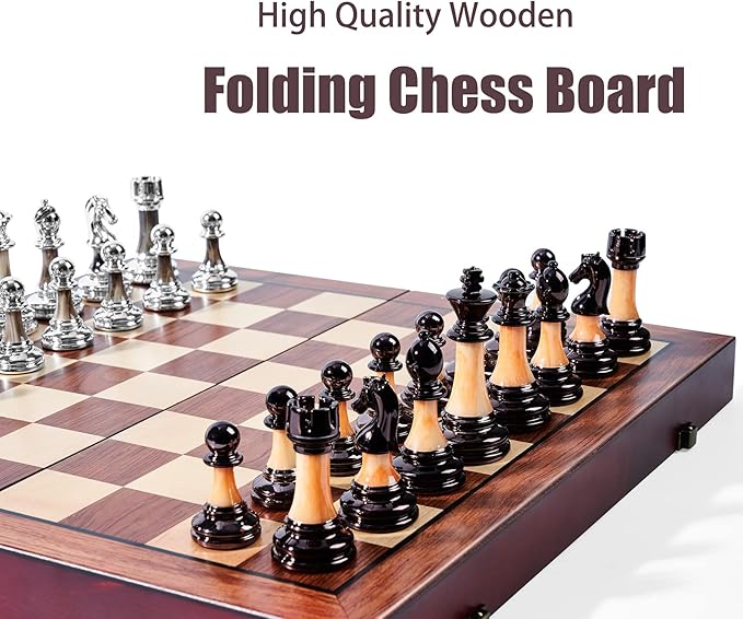 VAMSLOVE Chess Set Large 16''/42cm Folding Wooden Board with Deluxe Weighted Acrylic Chess Pieces - 3.5" King with Storage Slots for Adults House Warming Retirement Gift