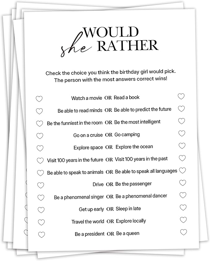 Birthday Party Games, Would She Rather, 25 Pcs Card Set for Guests, Fun Birthday Game for Teen Adults – A04