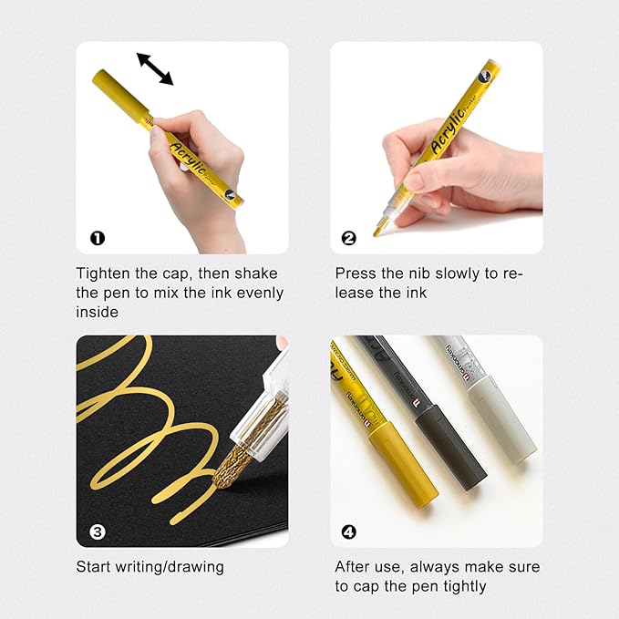 White, Silver & Gold Paint Marker Pens 6 Pack 1.2mm Fine Tip, Permanent Acrylic Ink for Rock, Wood, Metal, Glass, Ceramic, Plastic, Canvas, Pens for DIY Crafts, Art & Fine Detailing