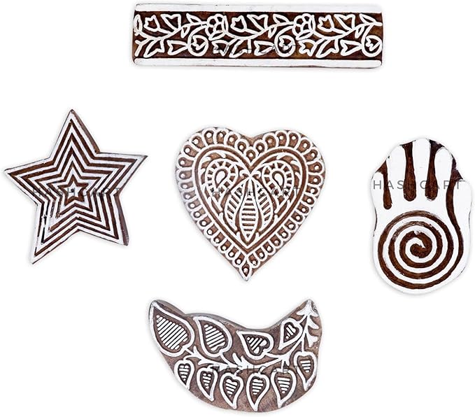 Wooden Block Stamp Hand Carved Printing Stamp for Fabric Printing - Wooden Printing Block for Scrapbooking Pottery Kids Project, to Decorate Card | Set of 5 | HASHCART®