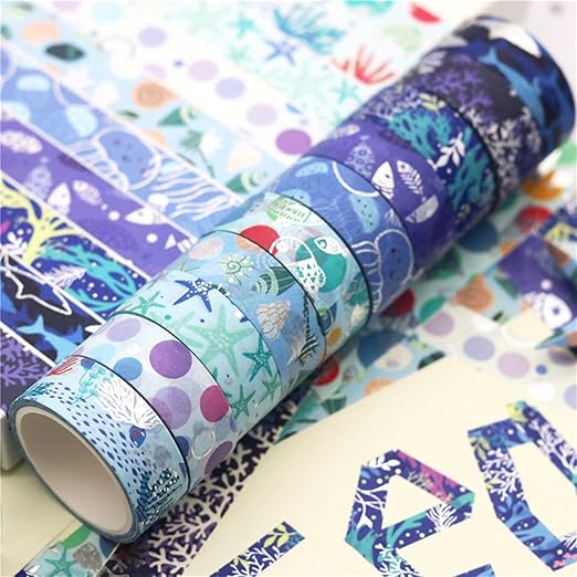 Blue Ocean Washi Tape Set 10 Rolls Bronzing Sea Decorative Masking Tapes for Scrapbooking, Bullet Journal, Planner, DIY Crafts, Gift Wrapping