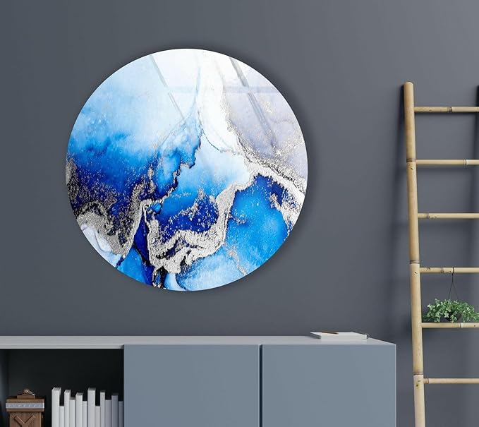 My Photostation.com 10''(25cm) Diameter Blue Marble Round with Silver Details Glass Wall Art Tempered Glass Printing Wall Decor Large Wall Art Wall Hangings
