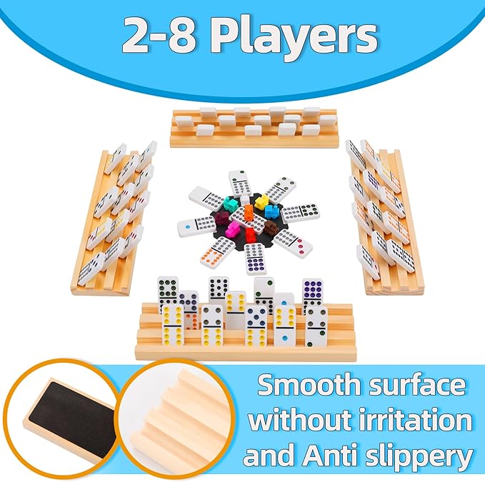 Mexican Train Dominoes Set with 8 Wooden Holders, Double 12 Colored Dot Dominoes with Update Hub, Travel Domino Train Game with 91 Tiles and Portable Carry Case, Family Board Team Games