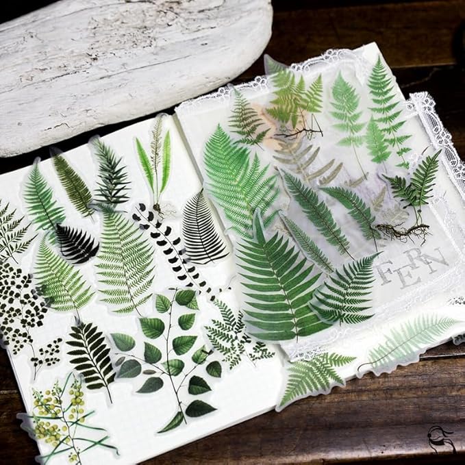 Vintage Vellum Stickers Floral Plants Elements Scrapbooking Supplies Flowers Botanic Natural Translucent Paper Self-Adhesive Junk-Journal Items (Fern)