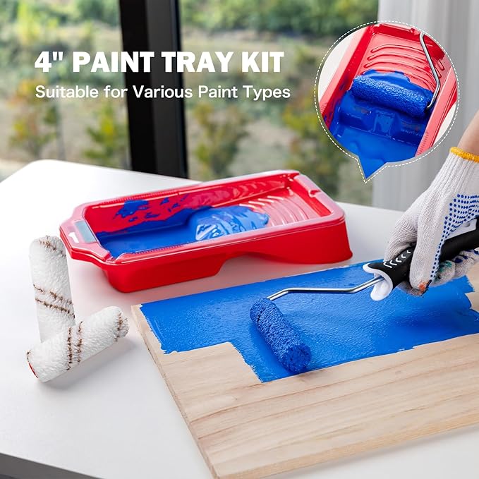 Mister Rui Paint Roller Kit-13 Piece, 4-Inch Microfiber Paint Rollers with Ergonomic Handle, Small Roller Paint Brush, Paint Tray with 3 Liners, Perfect for House Painting, Trim, and Touch-Ups