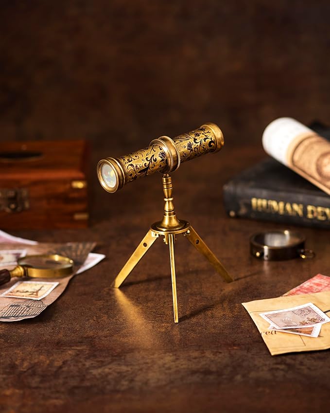 Antique Brass Kaleidoscope Gift for Kids and Adults, Vintage Collection for Birthday, Unique Gift Idea and Decor (with Stand, One)