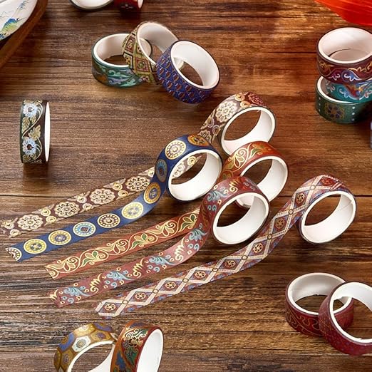 Washi Tape Set 10 Rolls, Chinoiserie Gold Foil Decorative Paper Sticker for Planner Scrapbook Journal DIY Arts Craft (Ancient Red)
