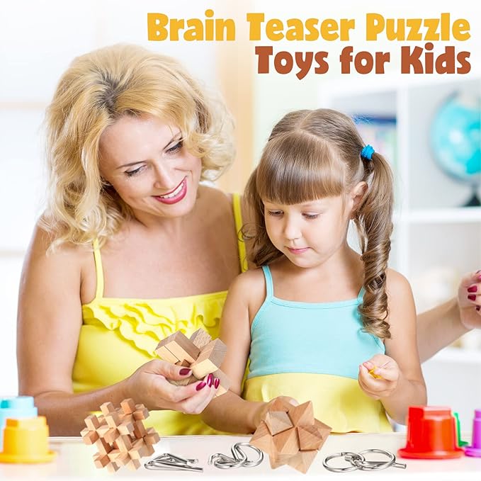 34 Pcs Metal Brain Teaser Puzzles for Kids Adult 3D Wooden Mind Games Puzzle Cube Wooden Brain Games Block Metal Wire Unlock Interlock Game Educational Logic Mind Desktop Toys