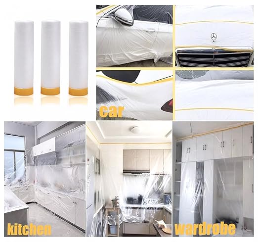 Painters Plastic With Tape, Pre-Taped Masking Film, 10 Rolls Automotive Best Tape and Drape, Paint Adhesive Protective Film Roll for Covering Skirting, Frames, Cars and Auto Body (5 X 65-Feet) (10)