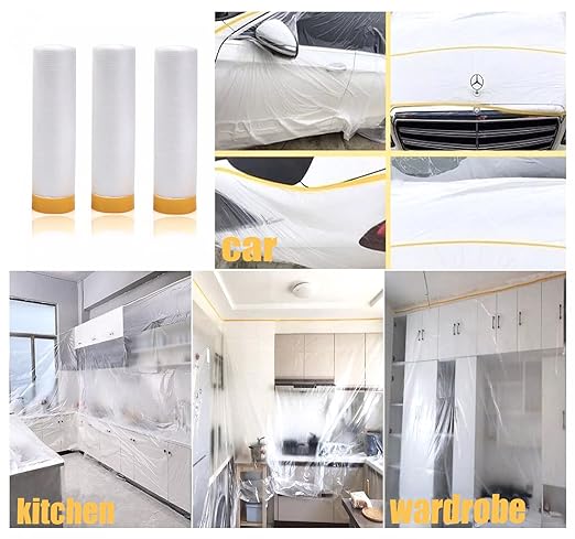 Painters Plastic With Tape, Pre-Taped Masking Film, 6 Rolls Automotive Best Tape and Drape, Paint Adhesive Protective Film Roll for Covering Skirting, Frames, Cars and Auto Body (5 X 65-Feet) (6)