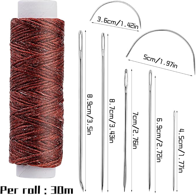 Ftyiwu Waxed Thread, Upholstery Needle and Thread 32 Yards with 7PCS Hand Sewing Needles for Home Upholstery Carpet Canvas Repair Leather Sewing (Red Coffee)
