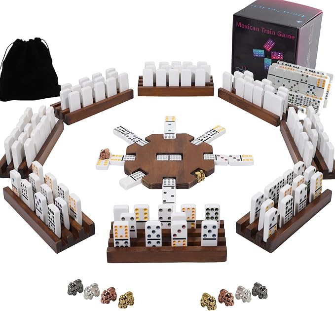 8 Players Mexican Train Dominoes Game Set - Double 12 Dominoes with Wooden Hub, 8 Metal Trains & Domino Storage Bag| Family Board Game for 2-8 Players