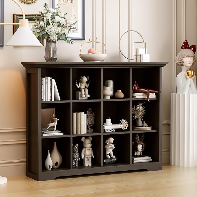 Cube Storage Bookcase with Base - Wooden 3 Tiers Floor Standing Open Shelf Cabinet for Home and Office, 12-Cube Lattice Bookshelf, Black