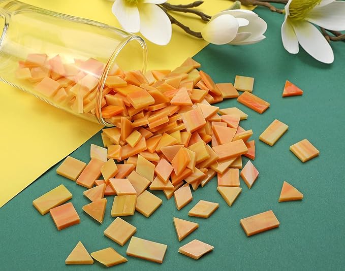 Lanyani 200 Mixed Color Glass Mosaic Tiles - 4 Shapes, Tiffany Stained Glass Pieces for Crafts, Pumpkin Orange