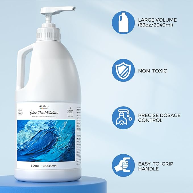 Nicpro Professional Effects Fabric Medium,69oz Bottle with Pump, Textile Painting Acrylic Fluid Medium, Improves Acrylic Paint Adhesion to Fabrics, Textiles for DIY Clothing, T-shirts, Shoes Jeans Bag