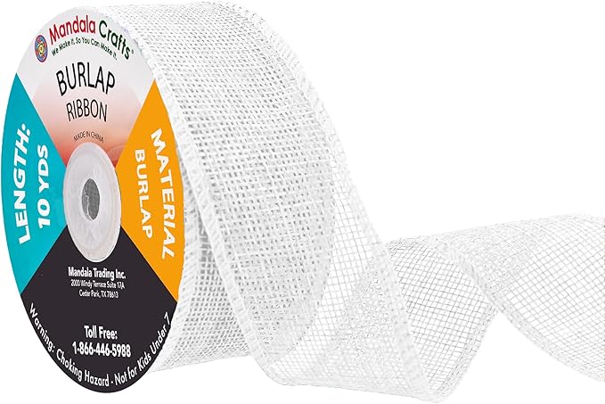 Mandala Crafts White Burlap Ribbon 1.5 Inches Wide Jute Ribbons for Crafts - 20 Yds Roll Rustic Burlap Wrap Trim Ribbons for Wreaths Bows Wedding Party Decoration