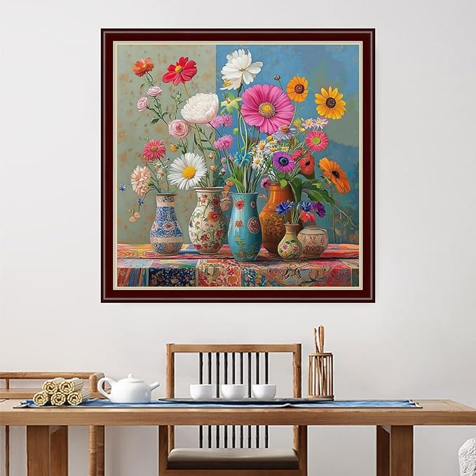 Dimensean Stamped Cross Stitch Kits Full Range of Embroidery Patterns Starter Kits for Beginners Adult or Kids DIY Cross Stitches Needlepoint Kits 11CT-Colorful Flowers on The Table 18x18 inch