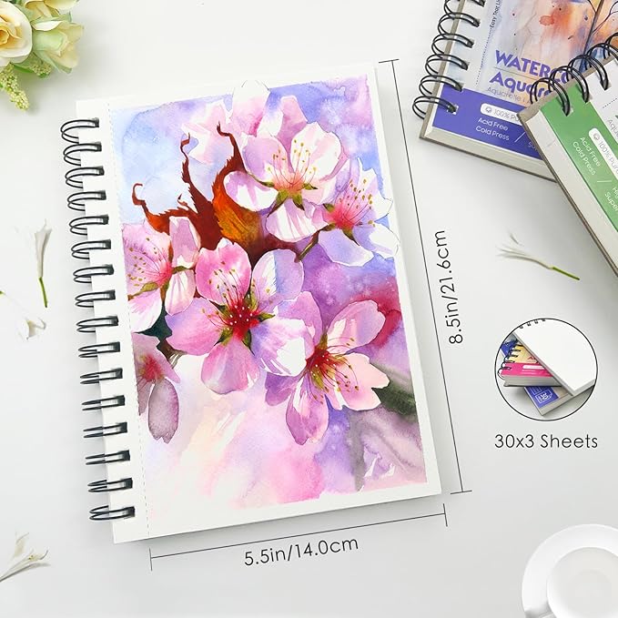 KOVIEDE 100% Cotton Watercolor Paper Pad - 3 Pack (90 Sheets) 5.5"x8.5" Cold Press, 140lb/300gsm Spiral Bound Watercolor Sketchbook, Artist Quality Art Journal Supplies for Adults, Kids & Beginners